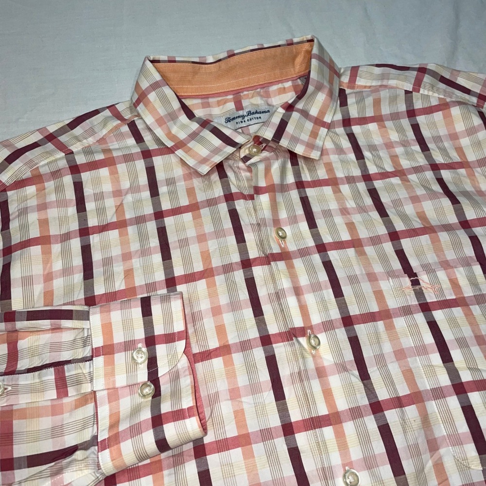 Tommy Bahama Mens XL Pima Cotton Plaid Long Sleeve Button Down Shirt Orange Pink